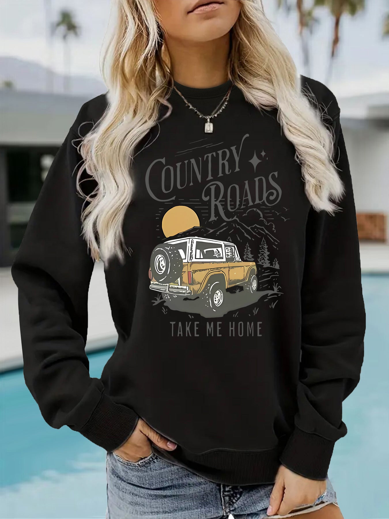 Car pattern printed hoodie round neck hoodie