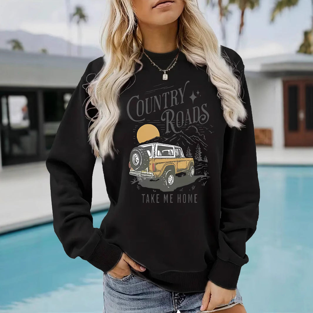 Car pattern printed hoodie round neck hoodie