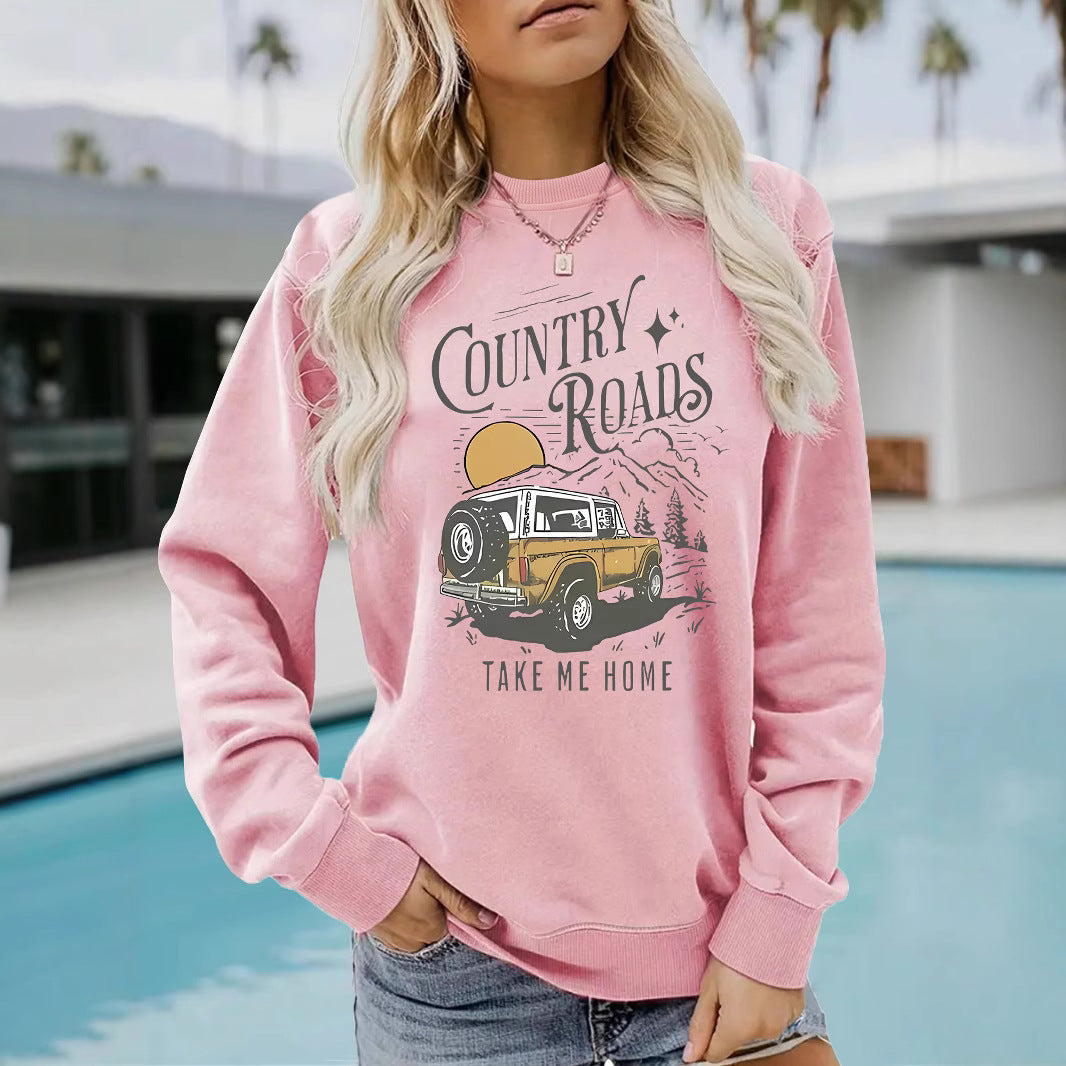 Car pattern printed hoodie round neck hoodie