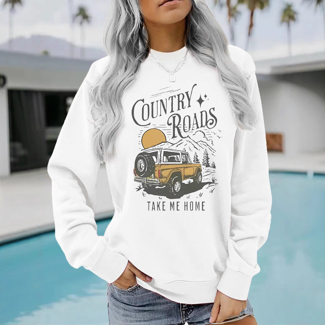 Car pattern printed hoodie round neck hoodie